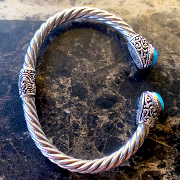 Samuel B. Sterling Silver 18K Gold with Turquoise Stones Hinged Cuff Bracelet - Picture 4 of 9